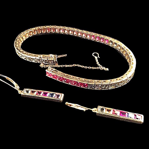 Rainbow Sapphire 18Kt, Princess Cut, Natural Square Sapphires, Tennis Bracelet - Picture 7 of 13